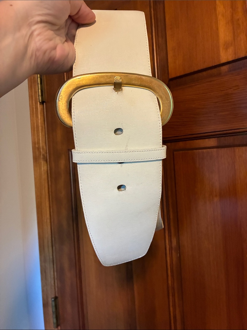 Vtg Cream Leather Belt with Gold Buckle